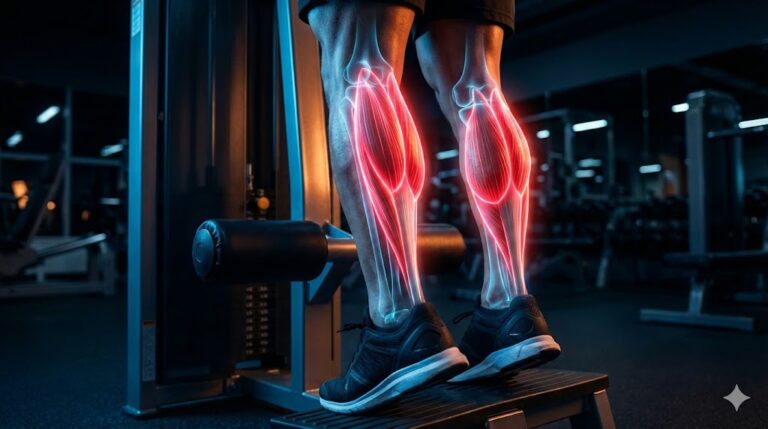 Anatomy of the calf muscles (Gastrocnemius and Soleus) highlighted during a standing calf raise exercise.
